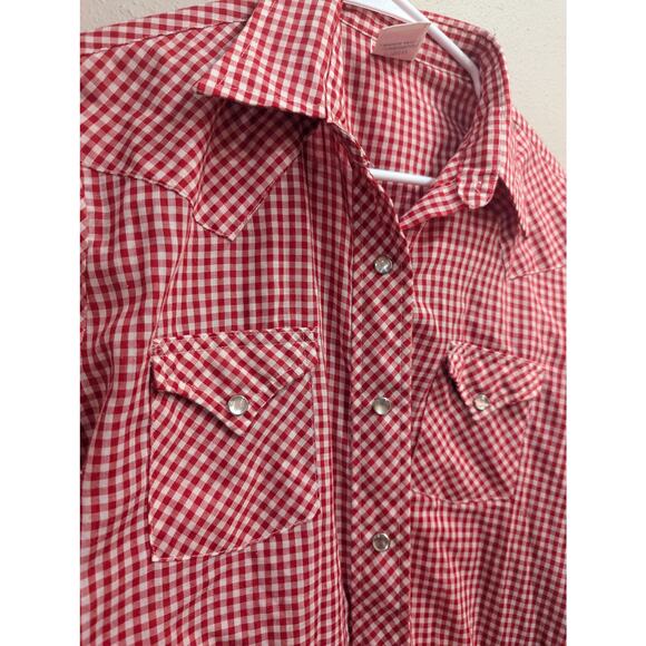 VINTAGE red gingham pearl snap button western style cotton long sleeve shirt, 16 - Picture 5 of 10